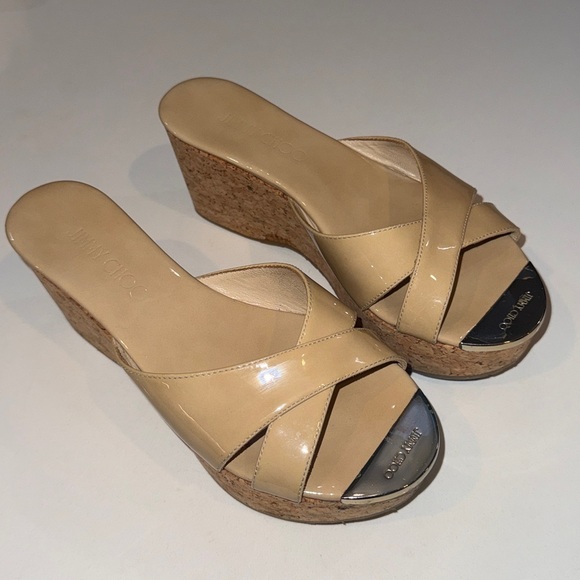Jimmy Choo Shoes - Jimmy Choo Prima Nude Patent Leather Cork Wedge Slide Sandals. Size 37 1/2